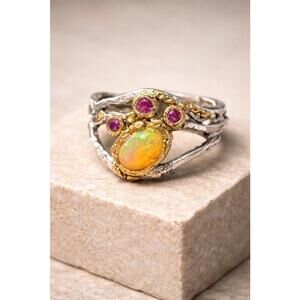 Danny Buonomo Artisan 1980s Silver 925 Gold 14K Opal Ruby Cluster Ring Sz 7.5